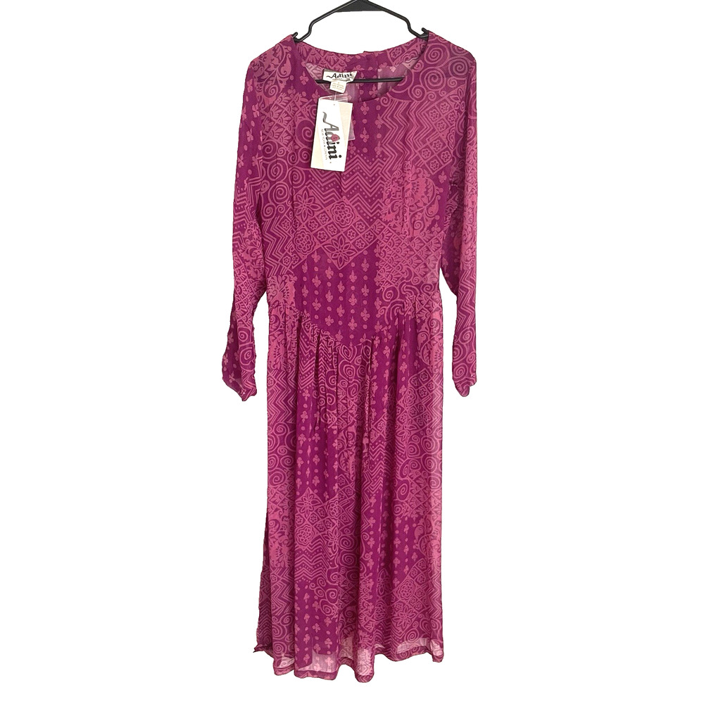Vintage 70s Adini India Boho Midi Dress Purple Geometric Print Sheer‎ Rayon NWT